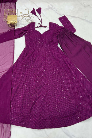 Wine Sequin Georgette Anarkali Suit Set
