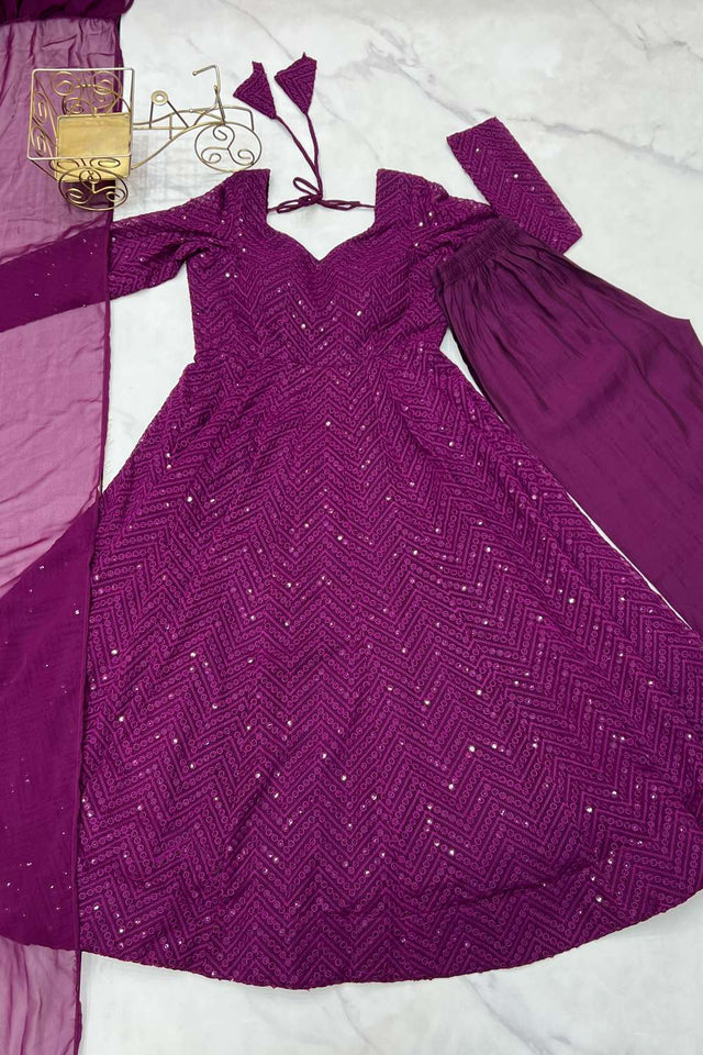 Wine Sequin Georgette Anarkali Suit Set