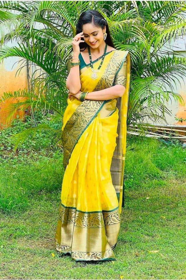 Yellow Banarasi Woven Soft Silk Saree (55106)