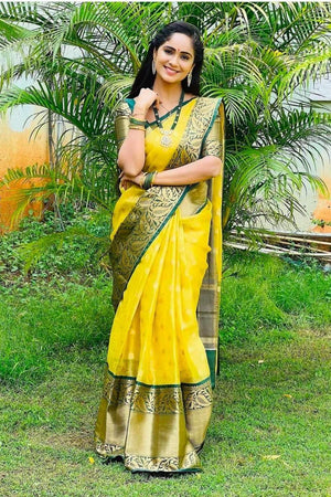 Yellow Banarasi Woven Soft Silk Saree (55106)