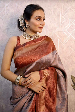 Grey Banarasi Woven Soft Silk Saree (55115)