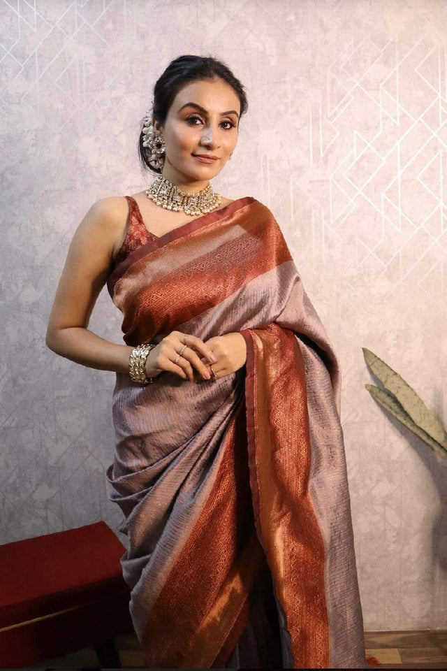 Grey Banarasi Woven Soft Silk Saree (55115)