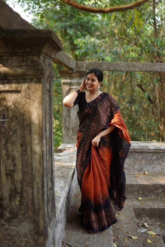 Black Banarasi Woven Soft Silk Saree (55136)