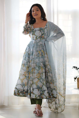 Green Floral Printed Organza Anarkali Suit Set