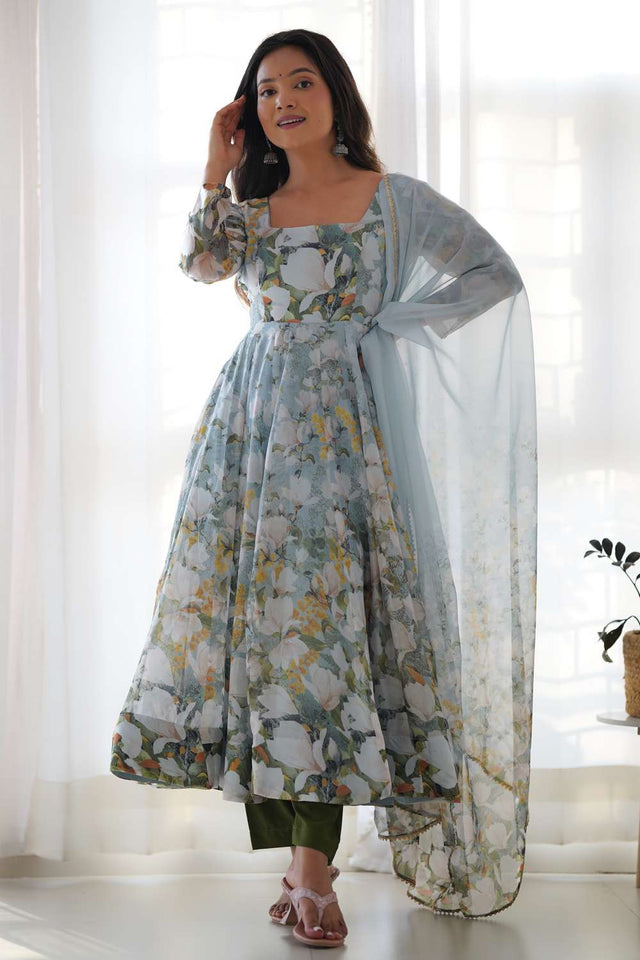 Green Floral Printed Organza Anarkali Suit Set