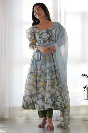Green Floral Printed Organza Anarkali Suit Set