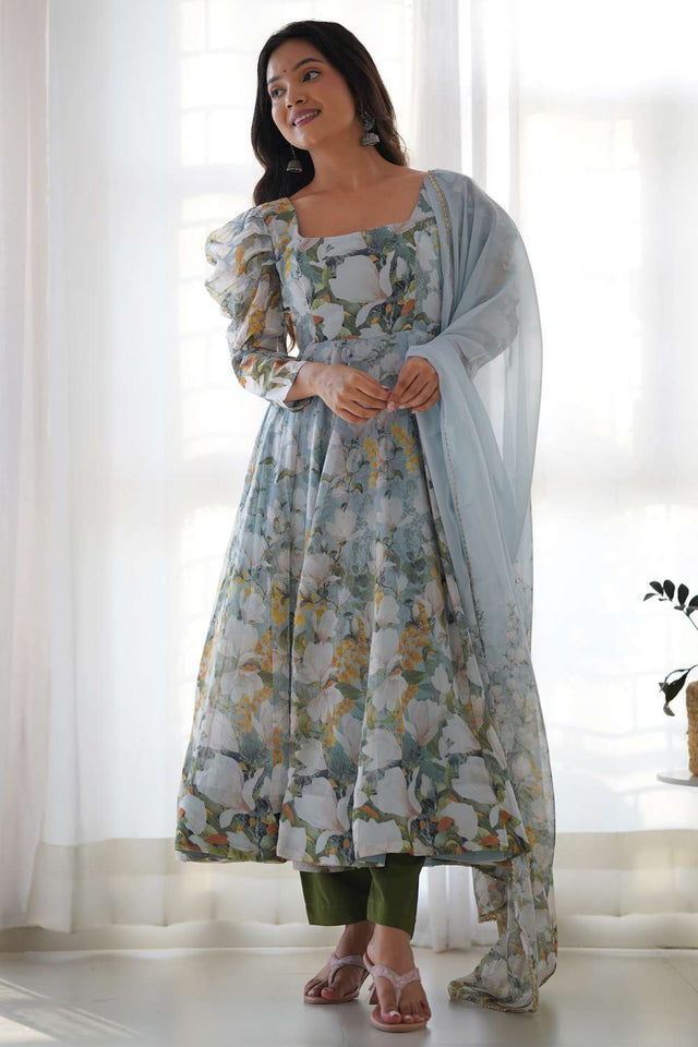 Green Floral Printed Organza Anarkali Suit Set