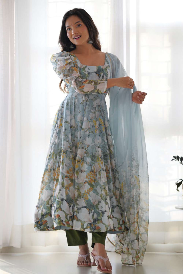 Green Floral Printed Organza Anarkali Suit Set