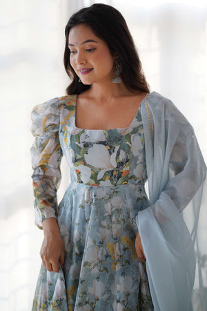 Green Floral Printed Organza Anarkali Suit Set