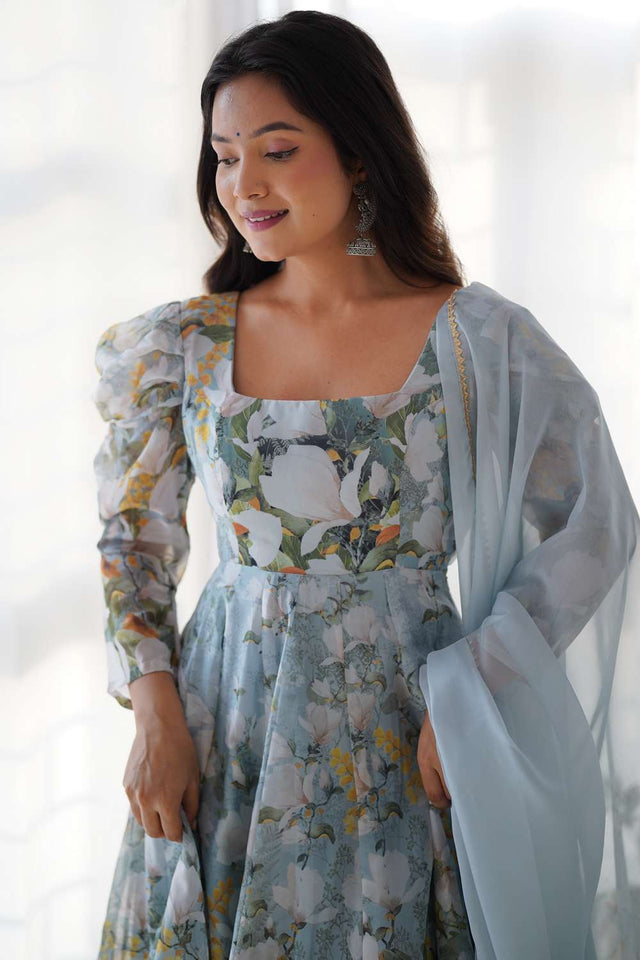 Green Floral Printed Organza Anarkali Suit Set