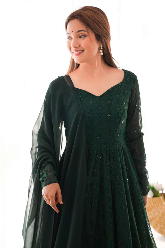 Dark Green Sequin With Embroidered Georgette Anarkali Suit Set