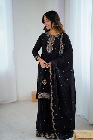 Black Sequin With Embroidered Silk Sharara Suit Set