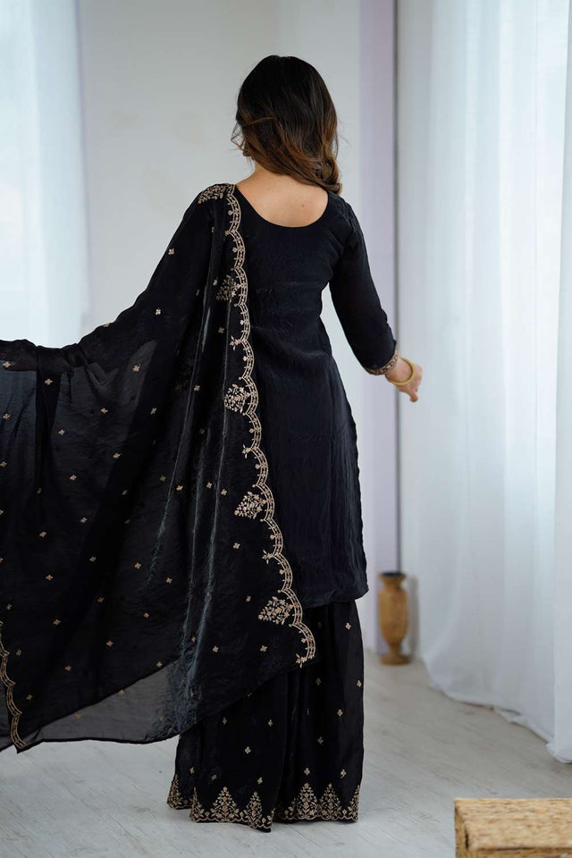 Black Sequin With Embroidered Silk Sharara Suit Set