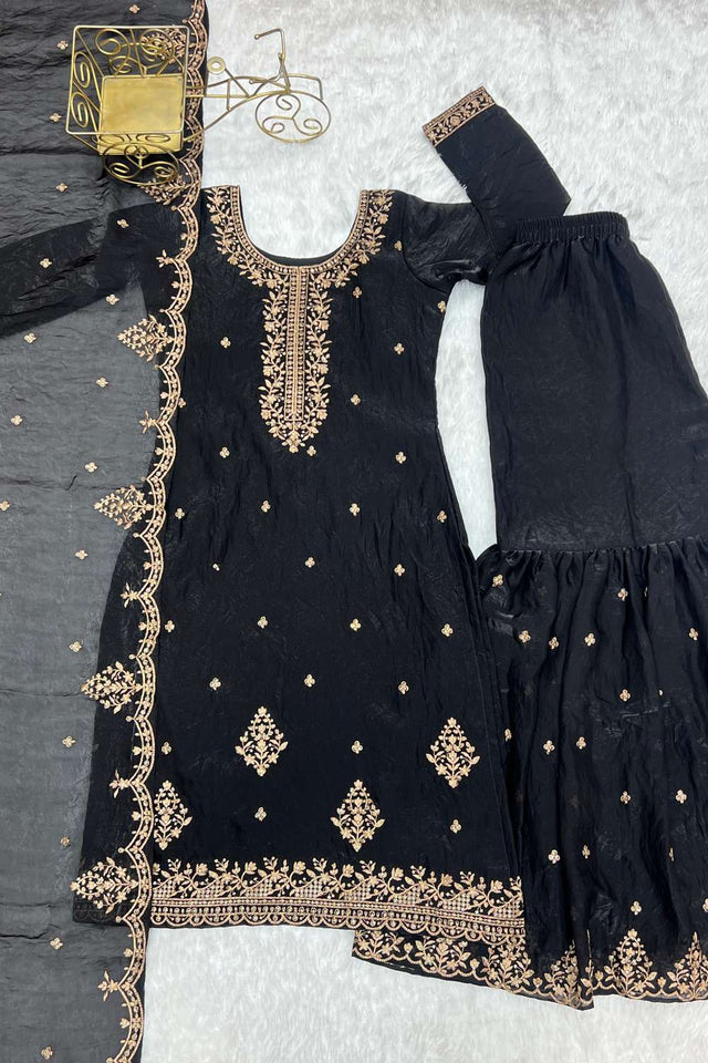 Black Sequin With Embroidered Silk Sharara Suit Set