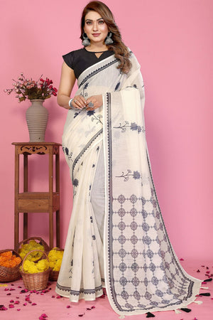 White Floral Printed Cotton Saree (6-SOFTLILAN)