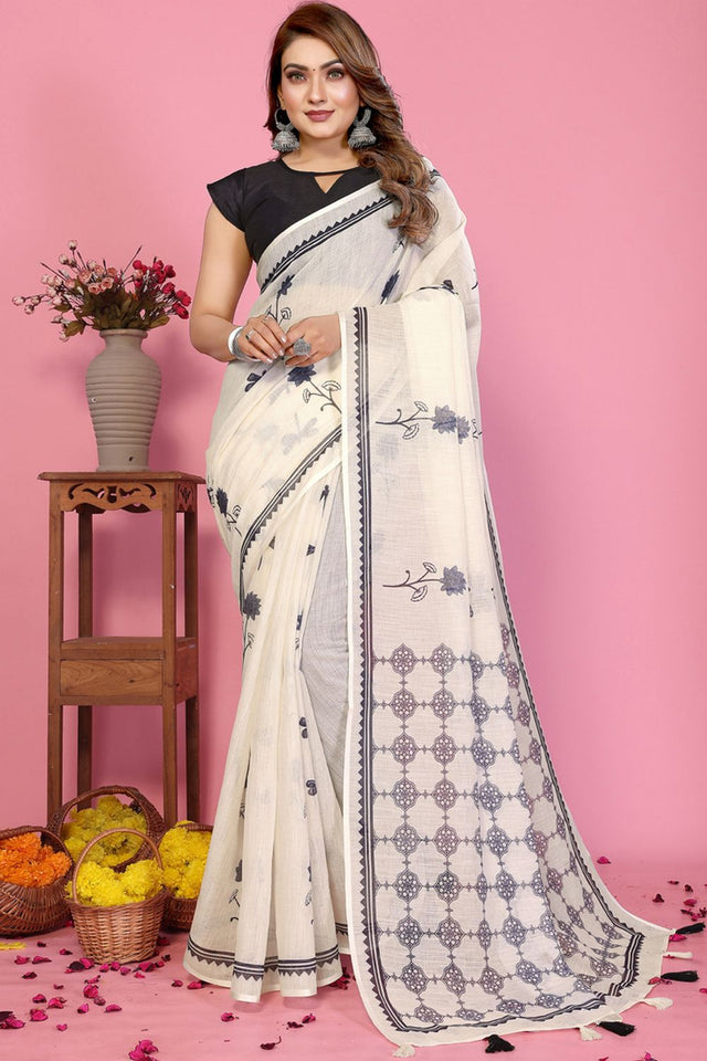 White Floral Printed Cotton Saree (6-SOFTLILAN)