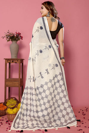 White Floral Printed Cotton Saree (6-SOFTLILAN)