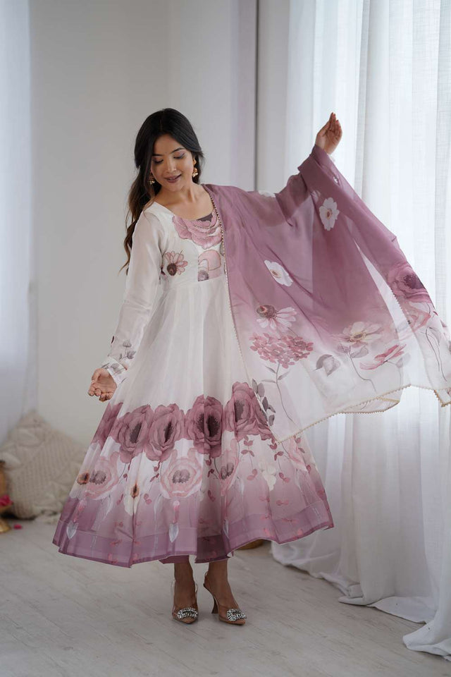 Multi Color Floral Printed Organza Anarkali Suit Set