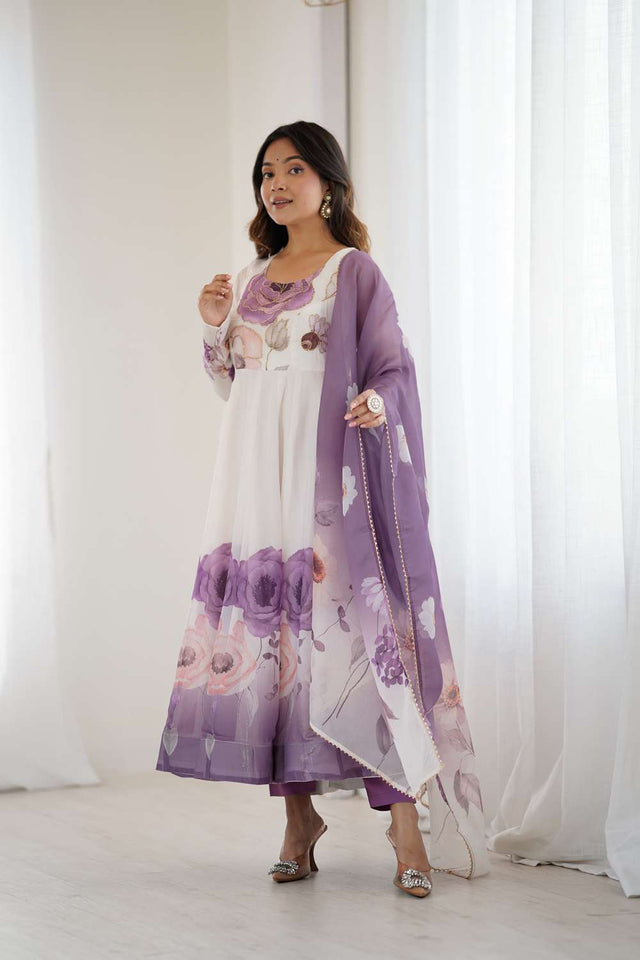 Multi Color Floral Printed Organza Anarkali Suit Set