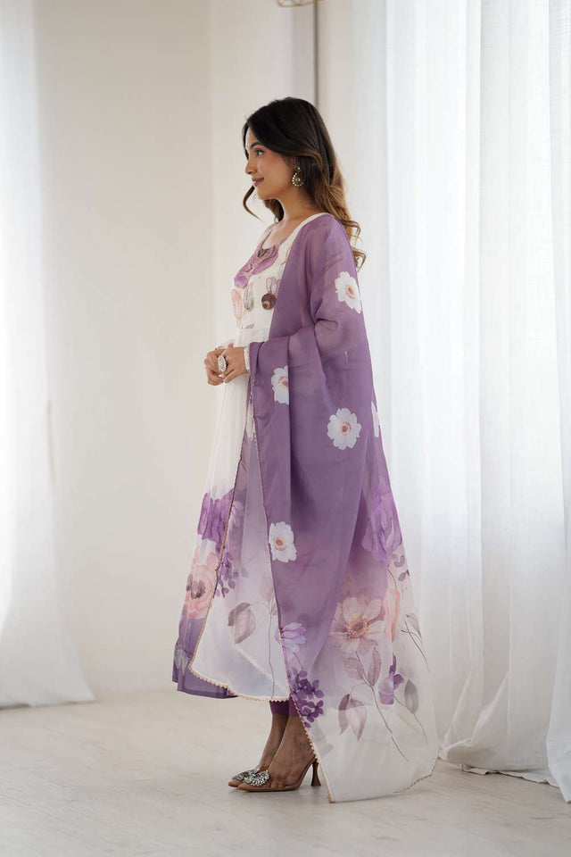 Multi Color Floral Printed Organza Anarkali Suit Set