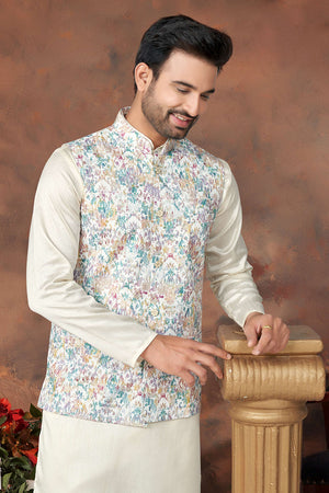 Multi-Color Floral Printed Mastani Silk Kurta Pajama Koti Set