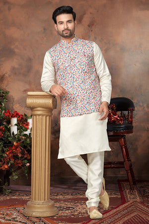 Multi-Color Floral Printed Mastani Silk Kurta Pajama Koti Set