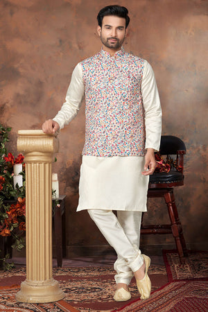 Multi-Color Floral Printed Mastani Silk Kurta Pajama Koti Set