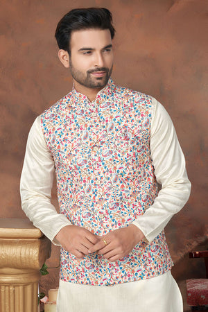 Multi-Color Floral Printed Mastani Silk Kurta Pajama Koti Set