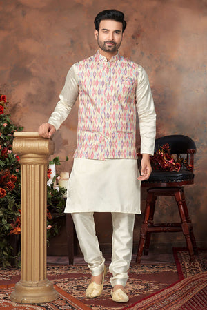 Multi-Color Printed Mastani Silk Kurta Pajama Koti Set