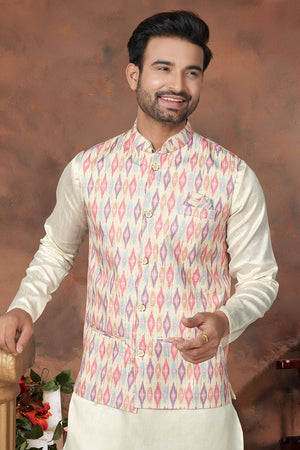Multi-Color Printed Mastani Silk Kurta Pajama Koti Set