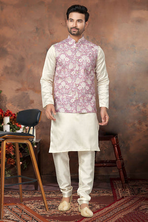 Pink Floral Printed Mastani Silk Kurta Pajama Koti Set