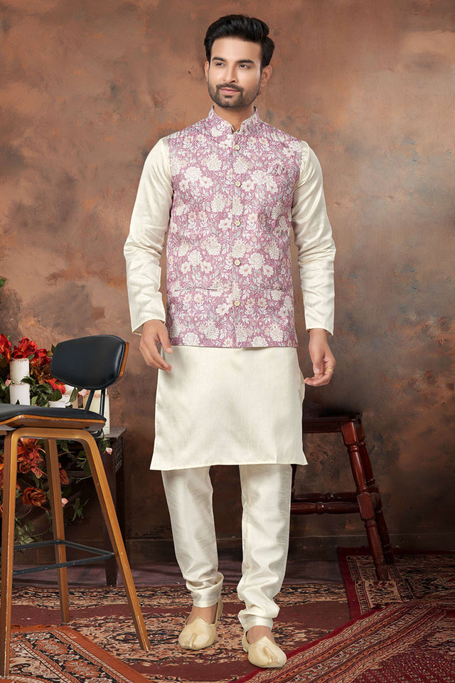 Pink Floral Printed Mastani Silk Kurta Pajama Koti Set