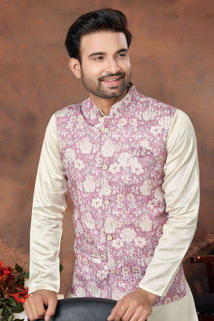 Pink Floral Printed Mastani Silk Kurta Pajama Koti Set