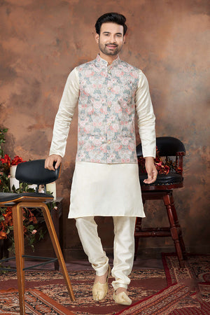 Multi-Color Floral Printed Mastani Silk Kurta Pajama Koti Set