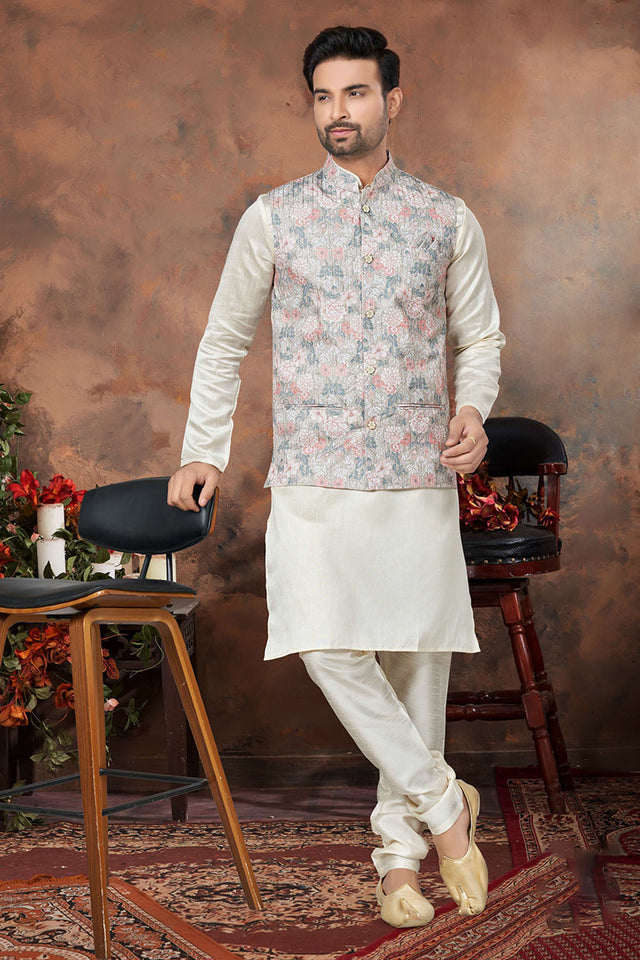 Multi-Color Floral Printed Mastani Silk Kurta Pajama Koti Set