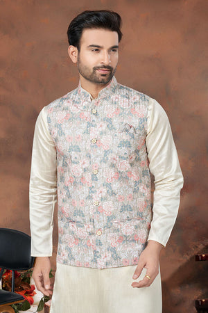 Multi-Color Floral Printed Mastani Silk Kurta Pajama Koti Set