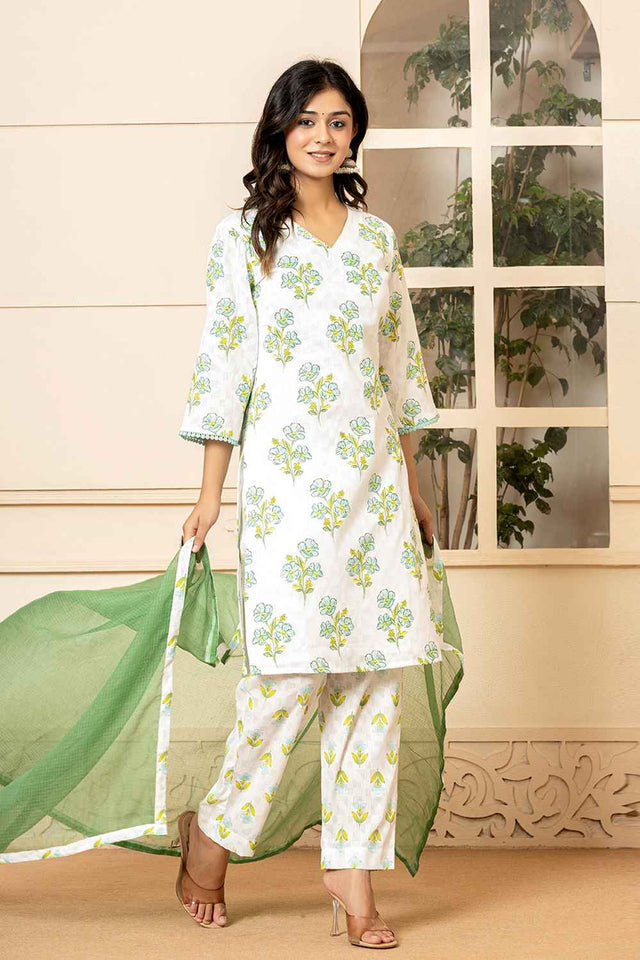 Multi-Color Floral Print Pure Cotton Kurti Pant Set