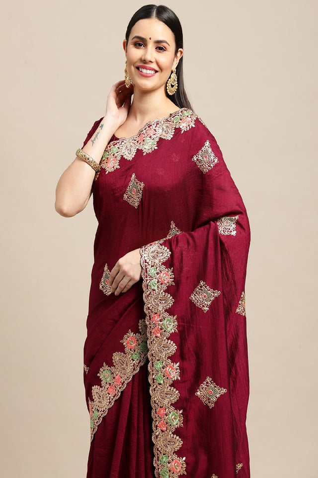 Women's Red Rangoli Silk Embroidery Lace Work Saree