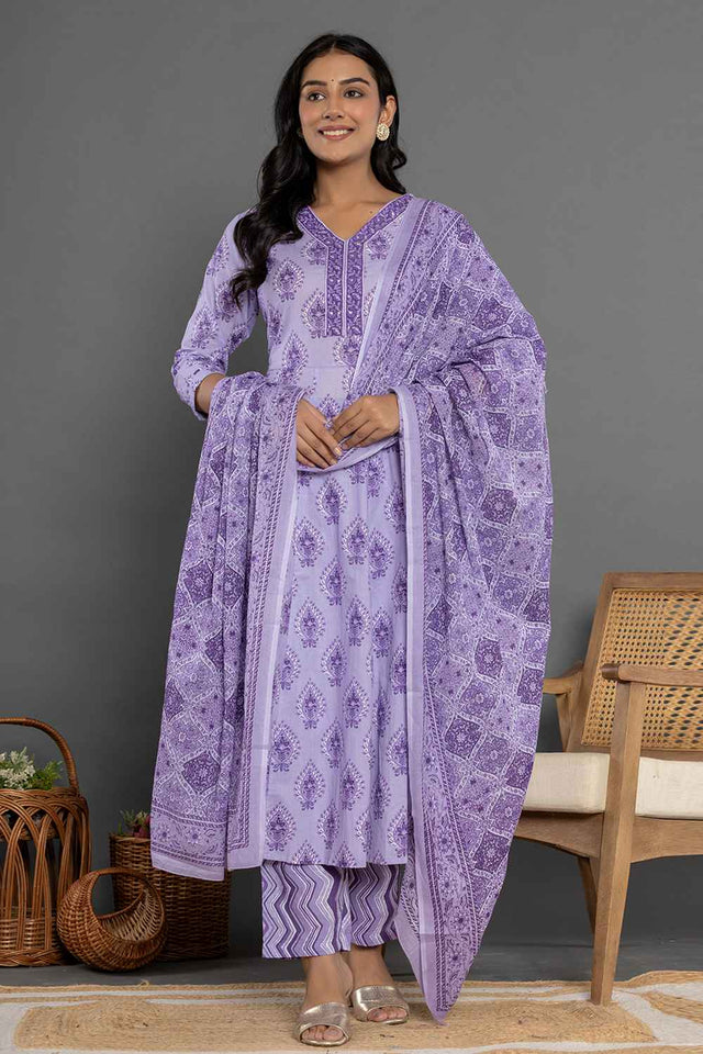 Violet Ethnic Motifs Pure Cotton Kurti Pant Set