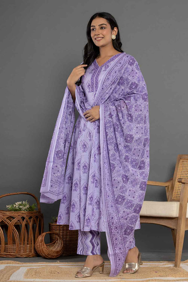 Violet Ethnic Motifs Pure Cotton Kurti Pant Set