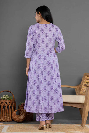 Violet Ethnic Motifs Pure Cotton Kurti Pant Set