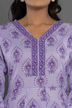 Violet Ethnic Motifs Pure Cotton Kurti Pant Set
