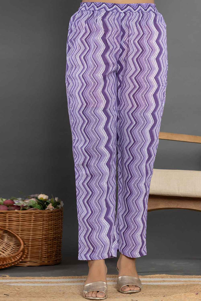 Violet Ethnic Motifs Pure Cotton Kurti Pant Set