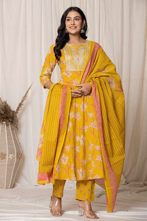 Mustard Floral Printed Cotton Kurti Pant Set