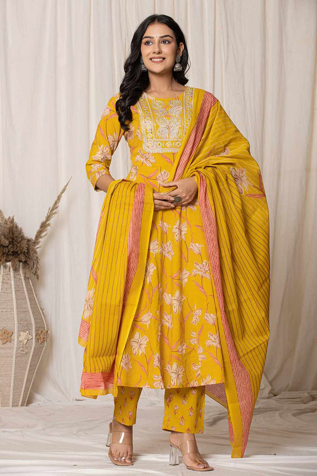 Mustard Floral Printed Cotton Kurti Pant Set