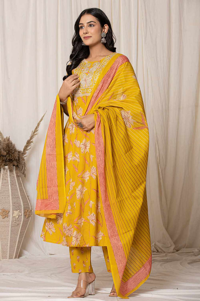 Mustard Floral Printed Cotton Kurti Pant Set