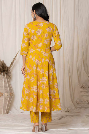 Mustard Floral Printed Cotton Kurti Pant Set