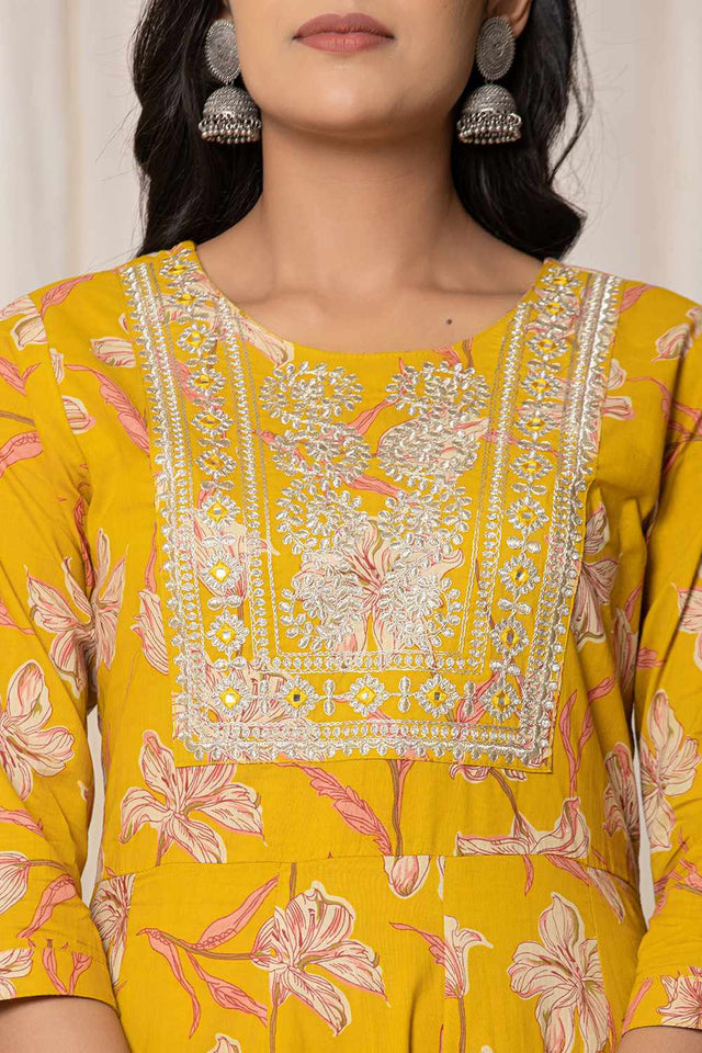 Mustard Floral Printed Cotton Kurti Pant Set