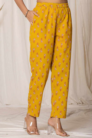 Mustard Floral Printed Cotton Kurti Pant Set