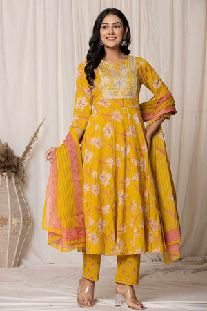 Mustard Floral Printed Cotton Kurti Pant Set